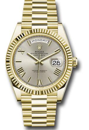 Replica Rolex Yellow Gold Day-Date 40 Watch 228238 Fluted Bezel Silver Bevelled Roman Dial President Bracelet